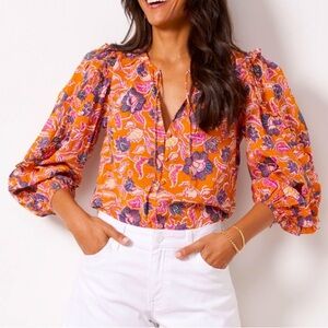Cleobella Talia Floral Print‎ Blouse Size Medium Orange Pink Blue Cream